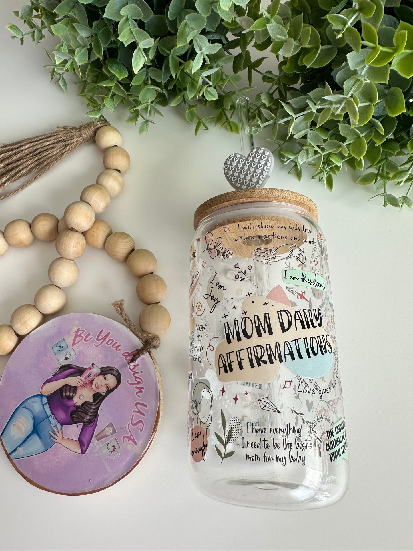 Mom daily affirmations clear can glass