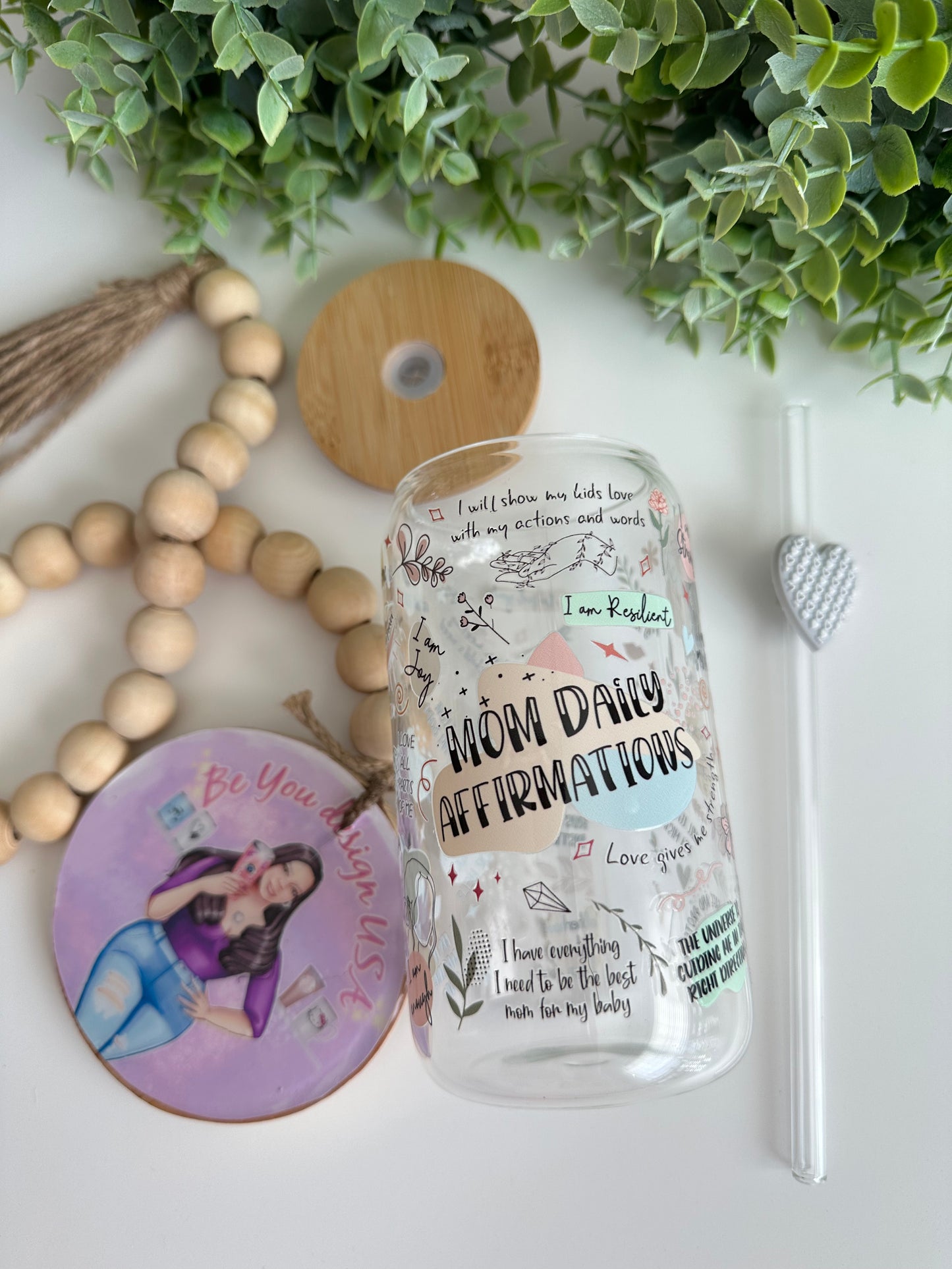 Mom daily affirmations clear can glass